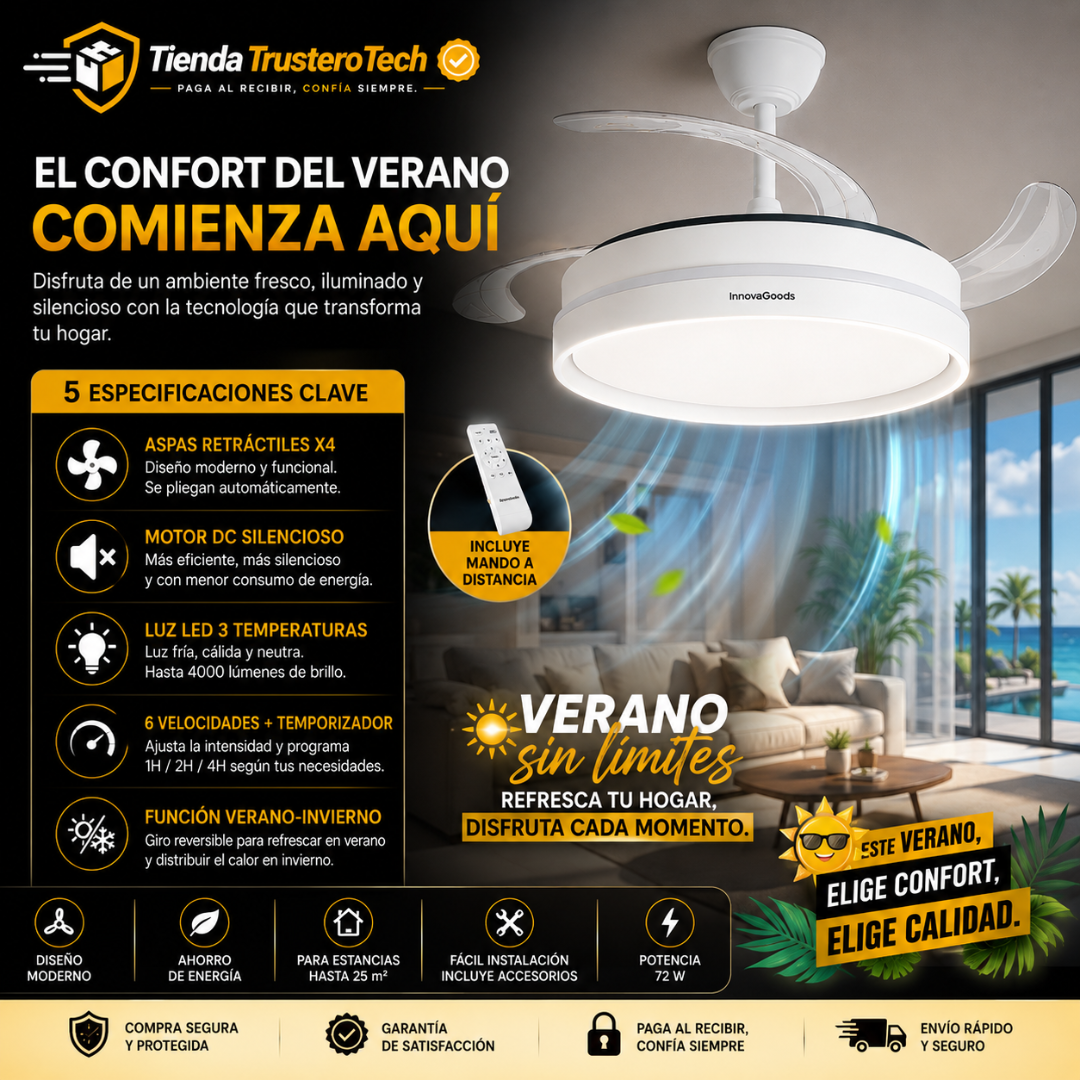 Ventilador de Techo con Luz LED y 4 Aspas Retráctiles Keteez InnovaGoods, Blanco 72 W Ø49-104 cm