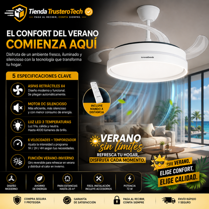 Ventilador de Techo con Luz LED y 4 Aspas Retráctiles Keteez InnovaGoods, Blanco 72 W Ø49-104 cm