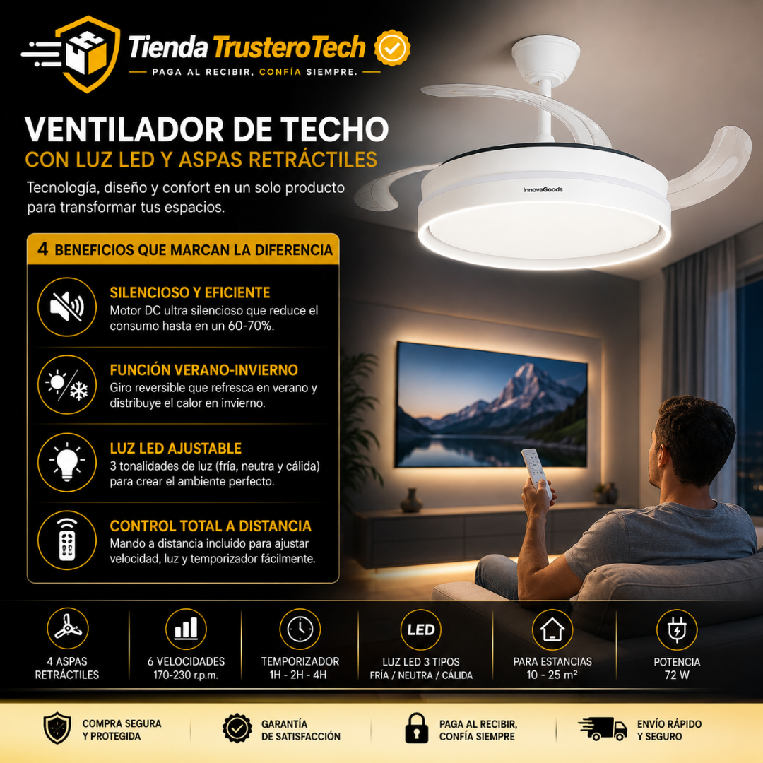 Ventilador de Techo con Luz LED y 4 Aspas Retráctiles Keteez InnovaGoods, Blanco 72 W Ø49-104 cm