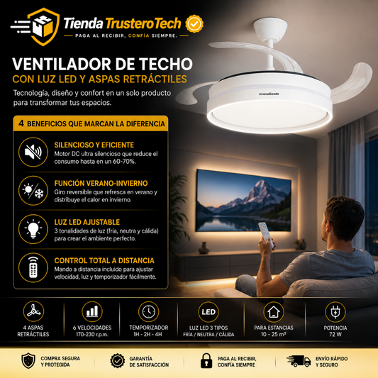 Ventilador de Techo con Luz LED y 4 Aspas Retráctiles Keteez InnovaGoods, Blanco 72 W Ø49-104 cm
