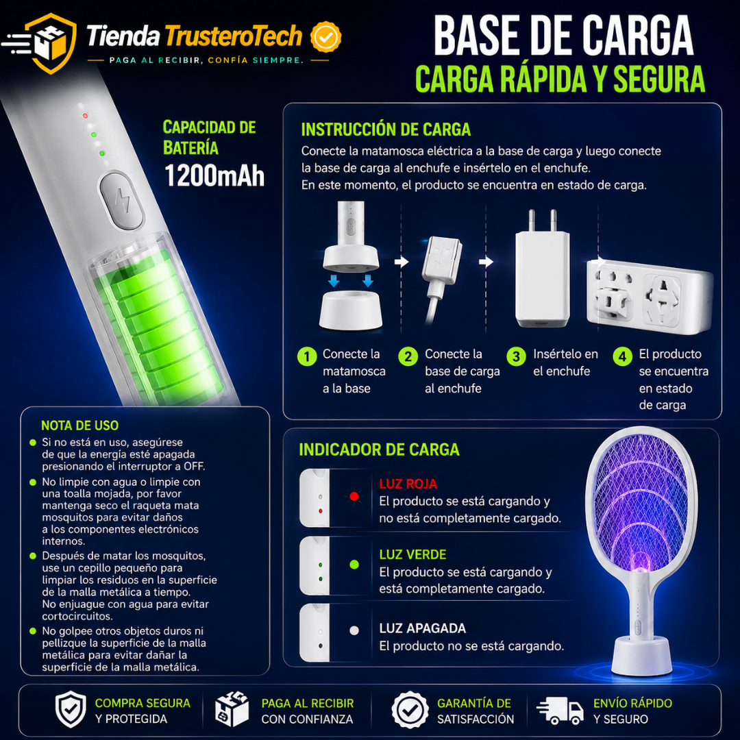 MATAMOSCAS Y LÁMPARA DE MOSQUITOS RECARGABLE 2 EN 1 CON SOPORTE