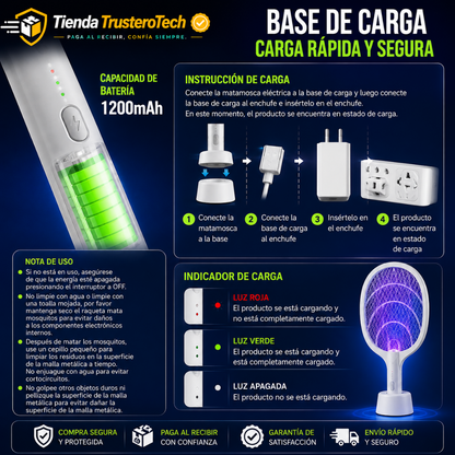 MATAMOSCAS Y LÁMPARA DE MOSQUITOS RECARGABLE 2 EN 1 CON SOPORTE
