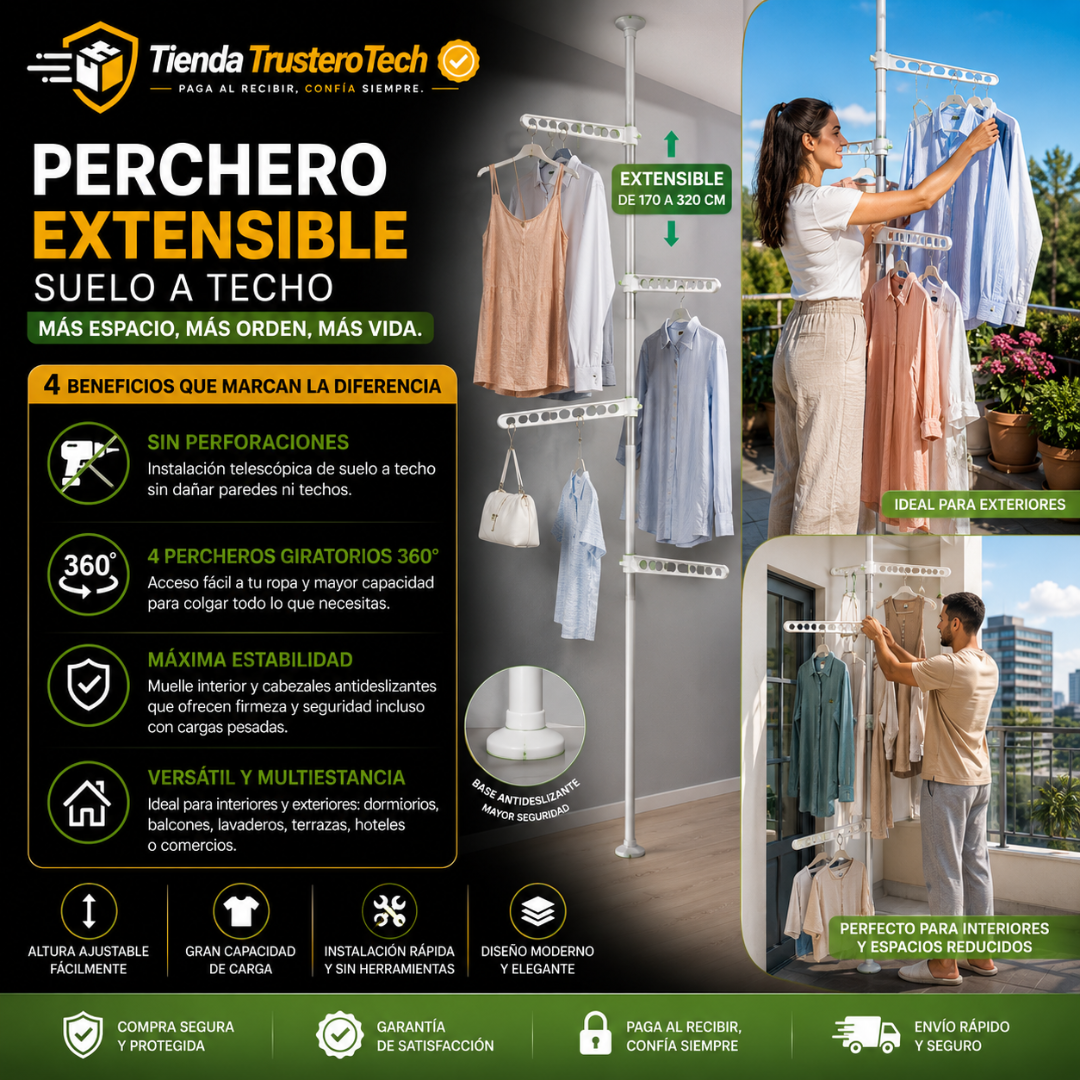 Perchero extensible, diseño telescópico de suelo a techo 360,
