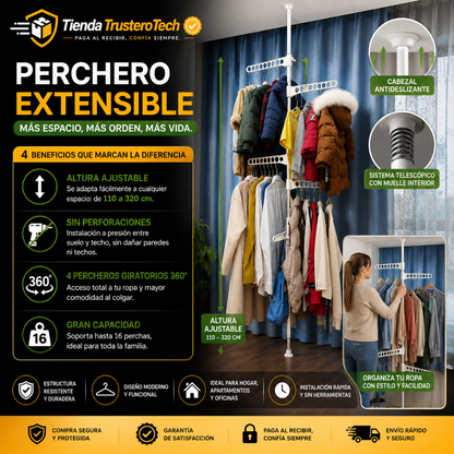 Perchero extensible, diseño telescópico de suelo a techo 360,