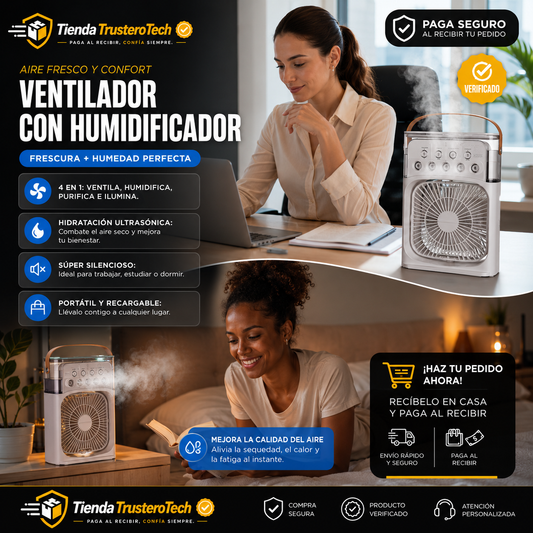 Ventilador con humidificador y luz LED com 3 velocidades, temporizador, depósito de agua de 250 ml