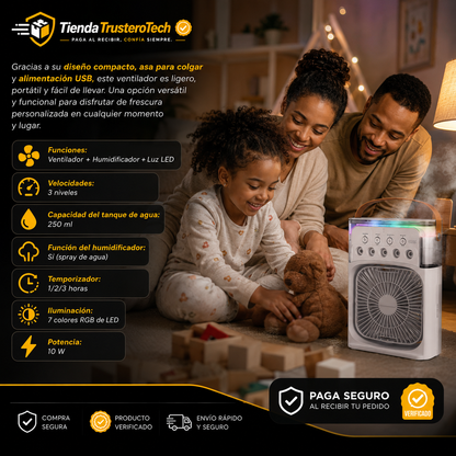 Ventilador con humidificador y luz LED com 3 velocidades, temporizador, depósito de agua de 250 ml