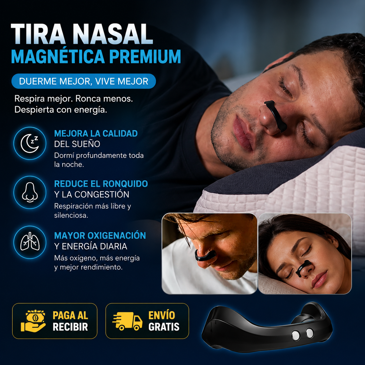 Tiras Nasales Magnéticas Premium Dispositivo Antirronquidos, mejora la respiración y la oxigenación, máxima adhesión para deporte y dormi.
