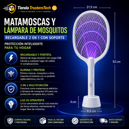 MATAMOSCAS Y LÁMPARA DE MOSQUITOS RECARGABLE 2 EN 1 CON SOPORTE