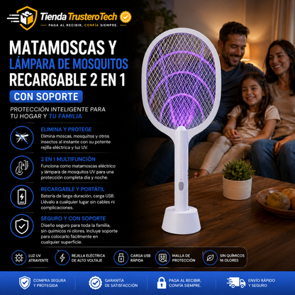 MATAMOSCAS Y LÁMPARA DE MOSQUITOS RECARGABLE 2 EN 1 CON SOPORTE