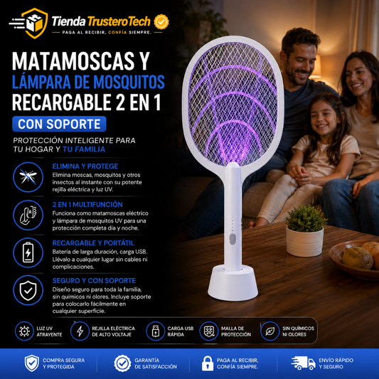 MATAMOSCAS Y LÁMPARA DE MOSQUITOS RECARGABLE 2 EN 1 CON SOPORTE