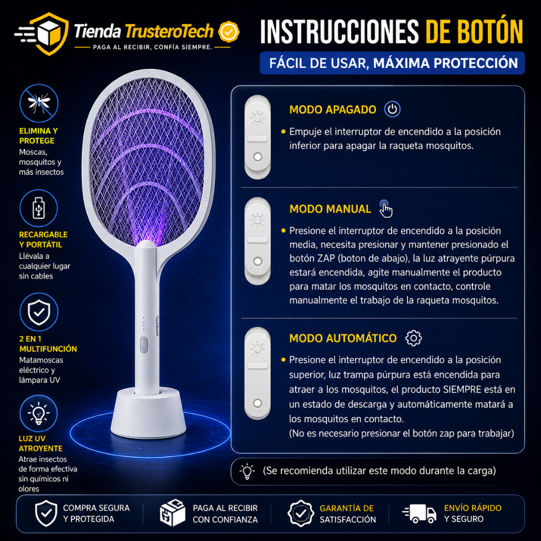 MATAMOSCAS Y LÁMPARA DE MOSQUITOS RECARGABLE 2 EN 1 CON SOPORTE