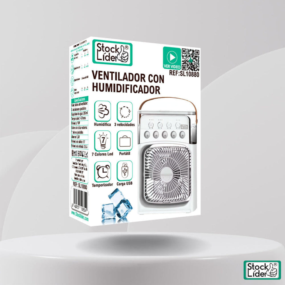 Ventilador con humidificador y luz LED com 3 velocidades, temporizador, depósito de agua de 250 ml