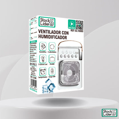 Ventilador con humidificador y luz LED com 3 velocidades, temporizador, depósito de agua de 250 ml