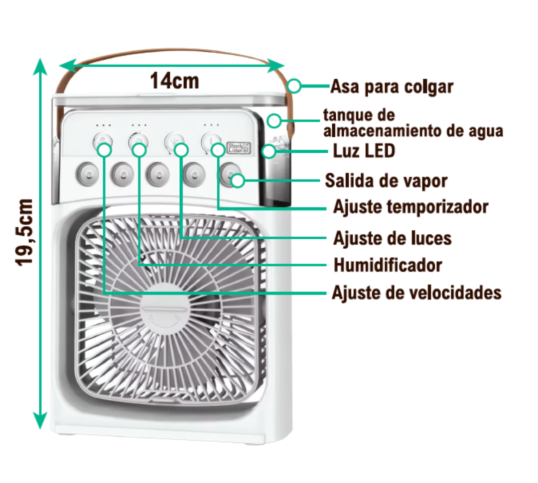 Ventilador con humidificador y luz LED com 3 velocidades, temporizador, depósito de agua de 250 ml