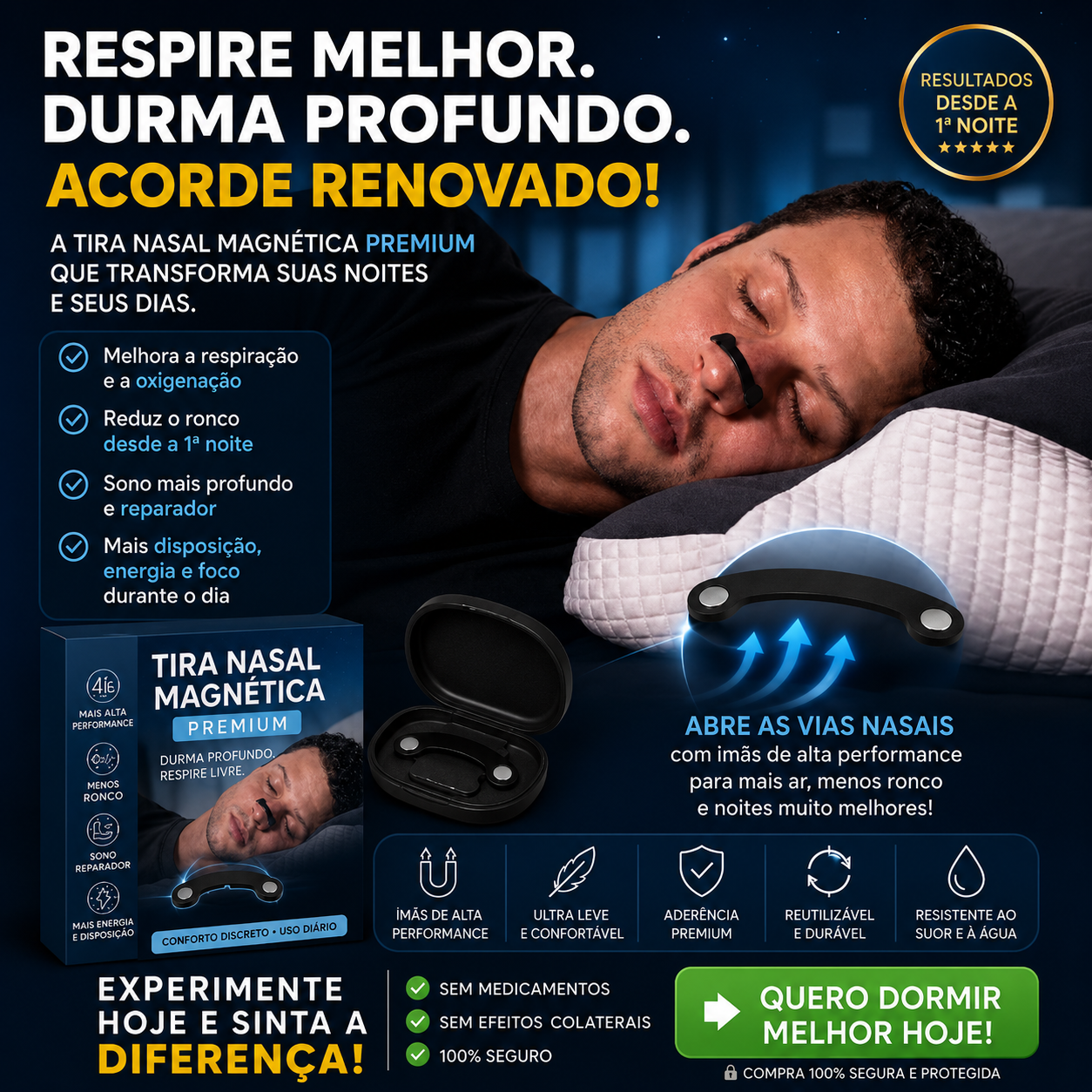 Tiras Nasales Magnéticas Premium Dispositivo Antirronquidos, mejora la respiración y la oxigenación, máxima adhesión para deporte y dormi.
